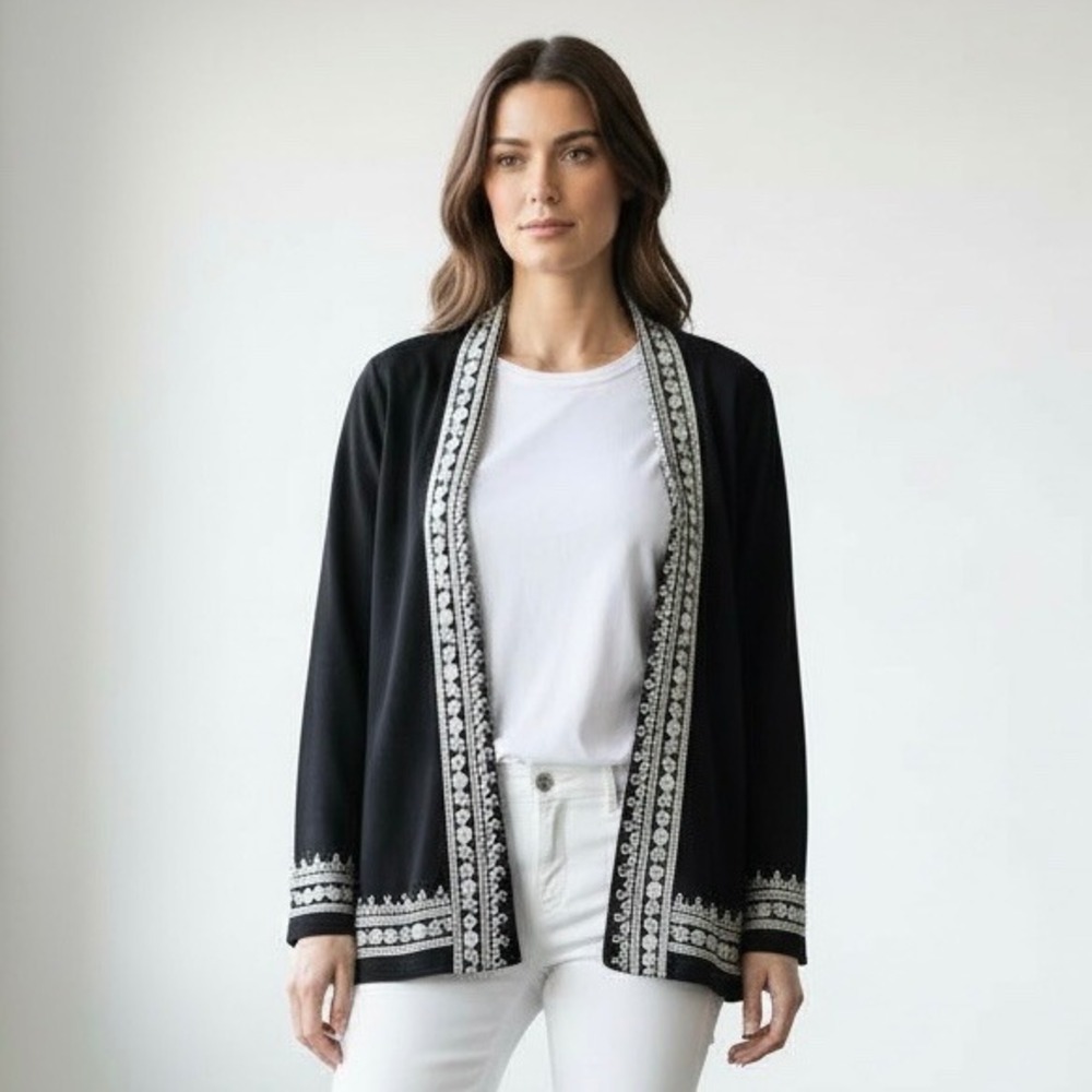 Lucky Brand Black Embroidered‎ Open Front Cardigan Jacket Women M